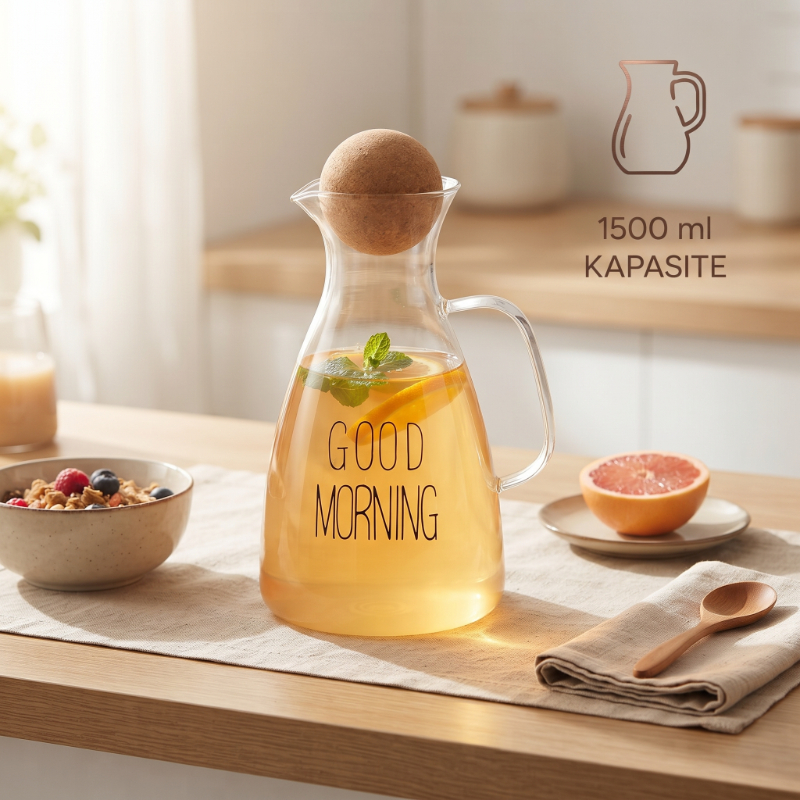 Yuvarlak Mantar Kapaklı Sürahi - 1500 ml - Yüksek Kaliteli Cam  - 3